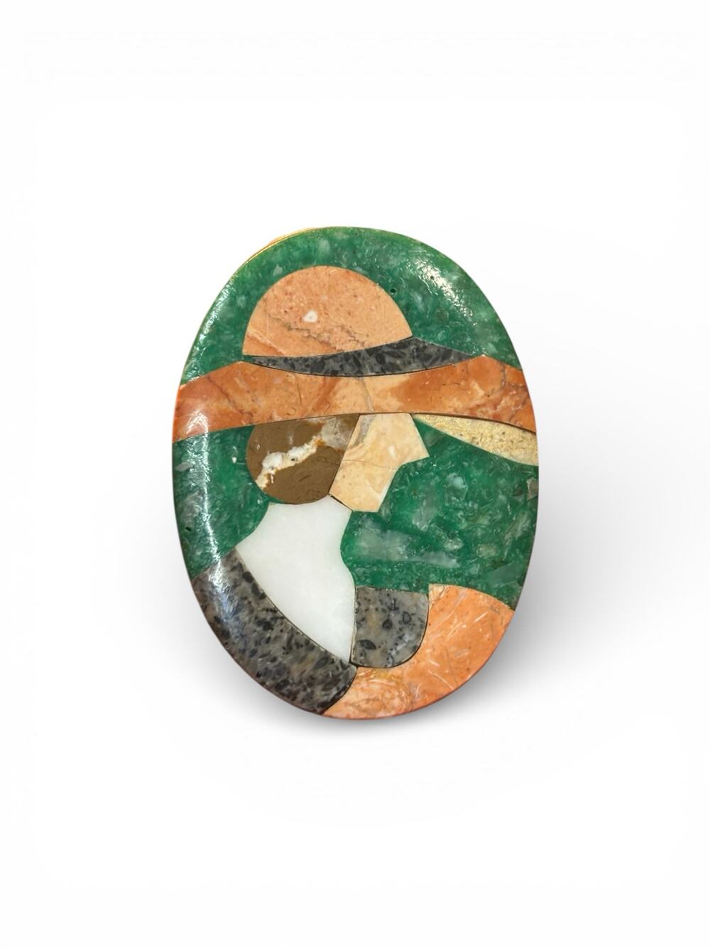 Vintage Artisan Stone Inlay Lady Brooch Wood Back Mosaic Pin Studio Art Jewelry